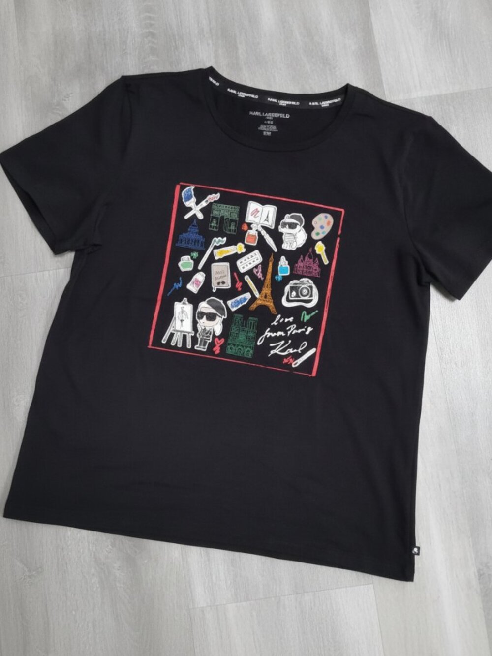 Karl Lagerfeld Paris Travel Icons Colorful Graphic Black T-Shirt